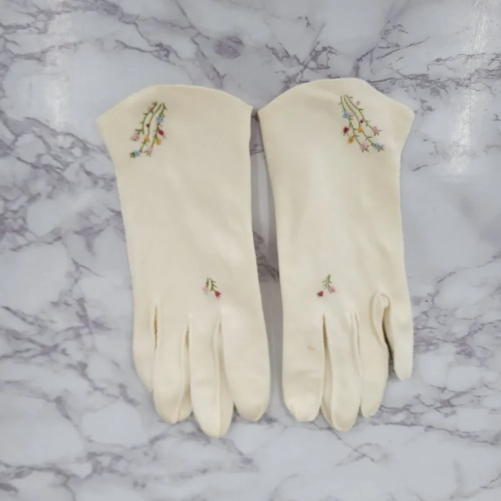 50s Vintage Cream Hand Floral Flower Embroidered Women's Dress Gloves